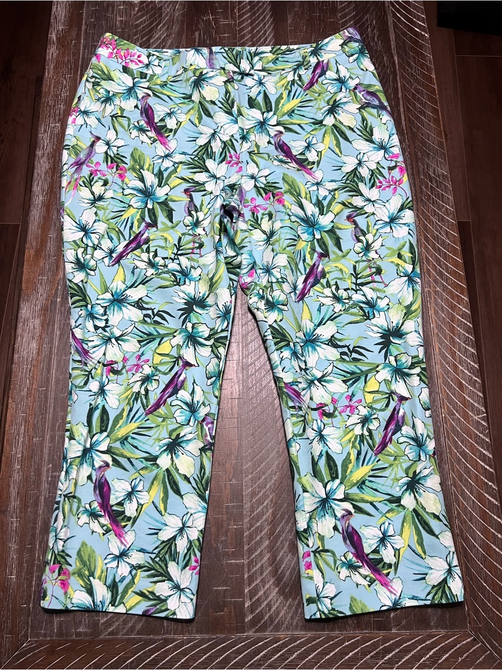 Chico’s Tropical Floral Bird Print Cropped Pants Size L 12 (Chico’s Size 2)